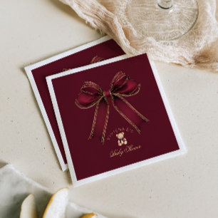Burgundy Gold Bow Teddy Bear Luxury Baby Shower Napkin