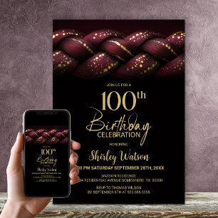Burgundy Gold Braid 100th Birthday Party Invitation