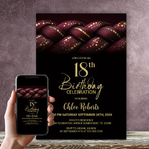 Burgundy Gold Braid 18th Birthday Party Invitation