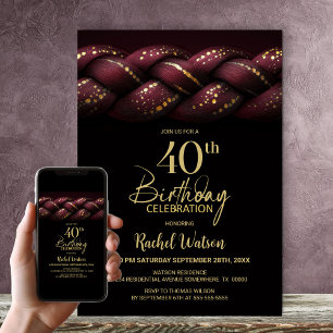 Burgundy Gold Braid 40th Birthday Party Invitation