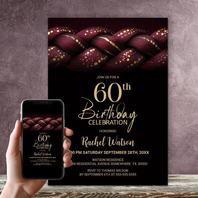 Burgundy Gold Braid 60th Birthday Party Invitation (Creator Uploaded)
