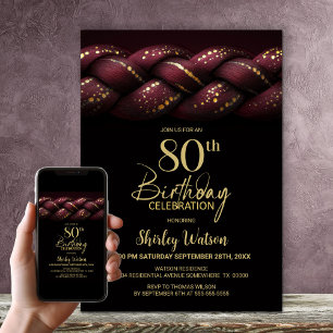 Burgundy Gold Braid 80th Birthday Party Invitation
