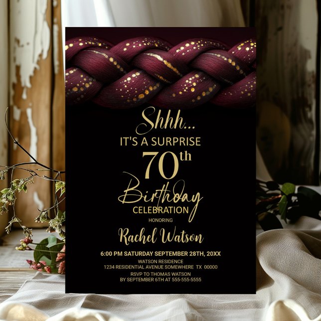 Burgundy Gold Braid Surprise 70th Birthday Party Invitation (Creator Uploaded)