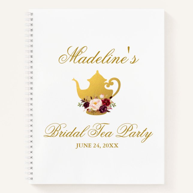 Burgundy Gold Bridal Shower Tea Party Gift List Notebook (Front)