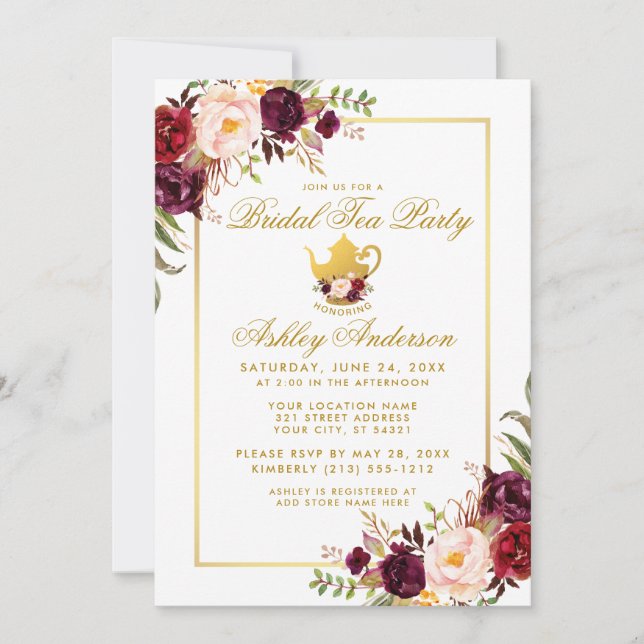 Burgundy Gold Bridal Shower Tea Party Invite (Front)