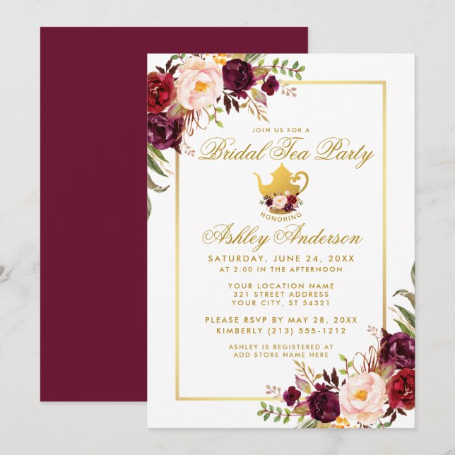 Burgundy Gold Bridal Shower Tea Party Invite B (Front/Back)