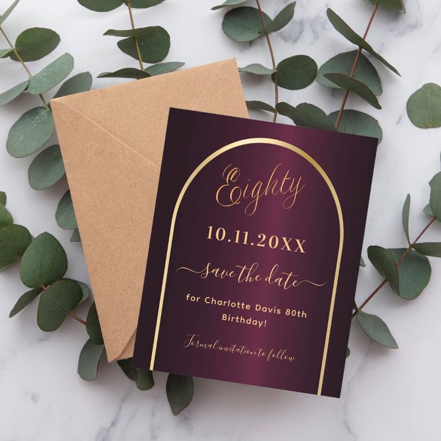 Burgundy gold budget 80th birthday save the date flyer (Creator Uploaded)