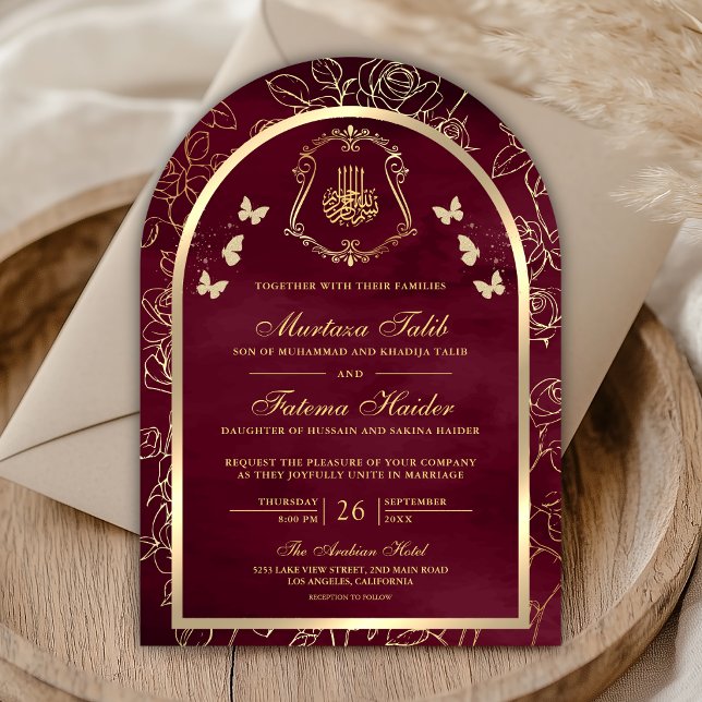 Burgundy Gold Butterfly Arch Muslim Wedding Invitation (Creator Uploaded)