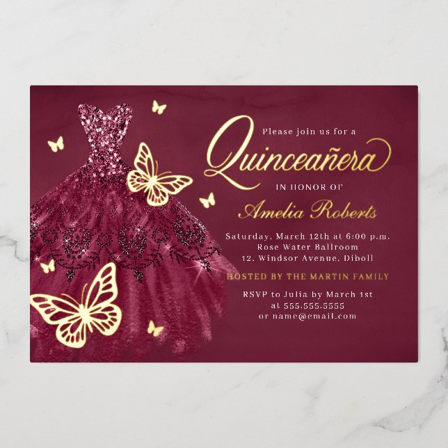 Burgundy Gold Butterfly Dress Quinceanera  (Front)