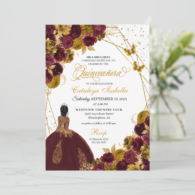 Burgundy & Gold Butterfly Princess Quinceanera Invitation (Standing Front)