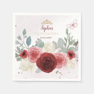 Burgundy Gold Butterfly Tiara Floral Quinceañera Napkin