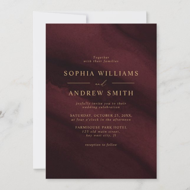 Burgundy & Gold Calligraphy Save the Date Invitation (Front)