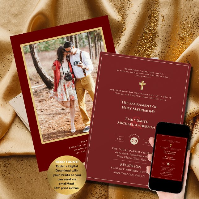 Burgundy Gold Catholic Wedding Nuptial Mass Photo Invitation (Creator Uploaded)
