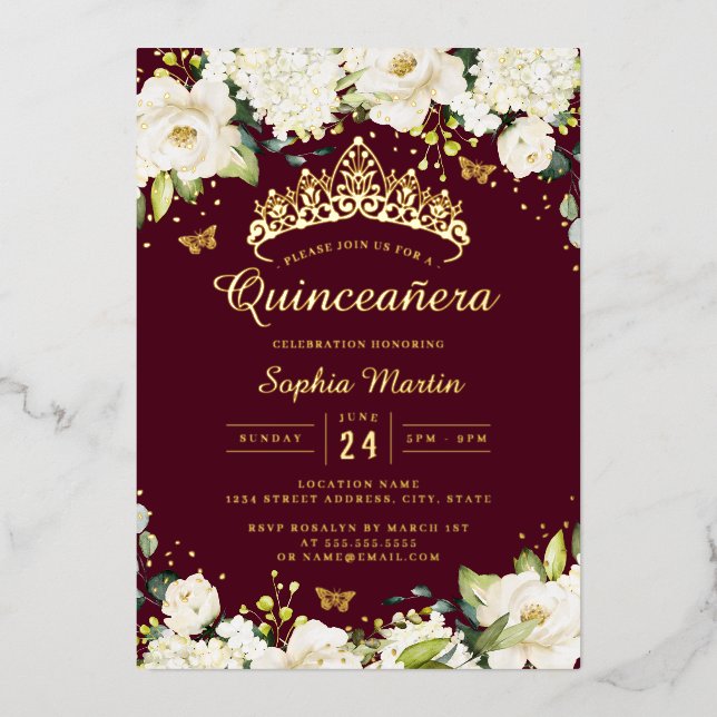 Burgundy Gold Champagne Floral Quinceanera  (Front)