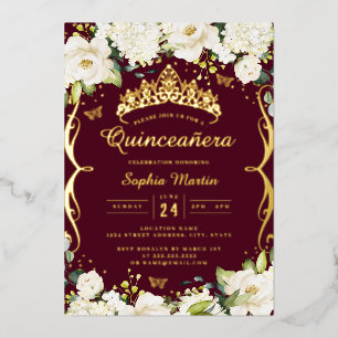 Burgundy Gold Champagne Floral Scroll Quinceanera