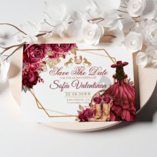 Burgundy Gold Charra Horse Quinceanera Save The Date