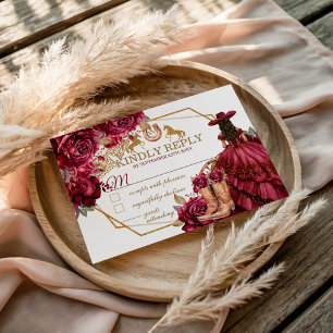 Burgundy Gold Charra Quinceanera Horse RSVP Card