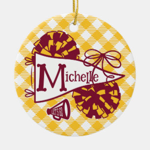 Burgundy Gold Cheer Pennant Gingham Personalised Ceramic Tree Decoration