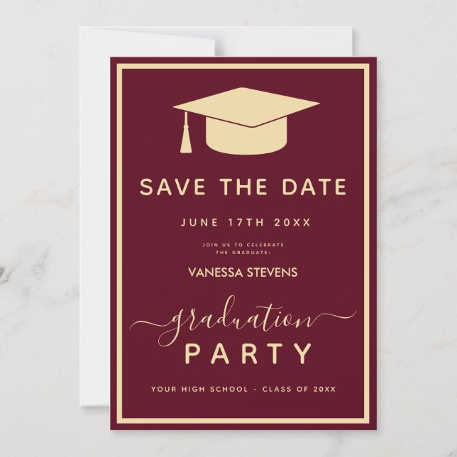Burgundy Gold Classic Graduation Save the Date Magnetic Invitation (Front)