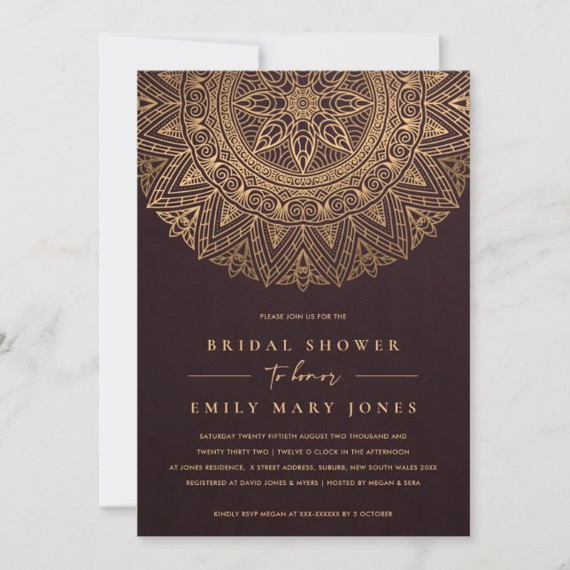 BURGUNDY GOLD CLASSIC ORNATE MANDALA BRIDAL SHOWER INVITATION (Front)