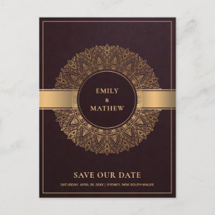 BURGUNDY GOLD CLASSIC ORNATE MANDALA SAVE THE DATE ANNOUNCEMENT POSTCARD