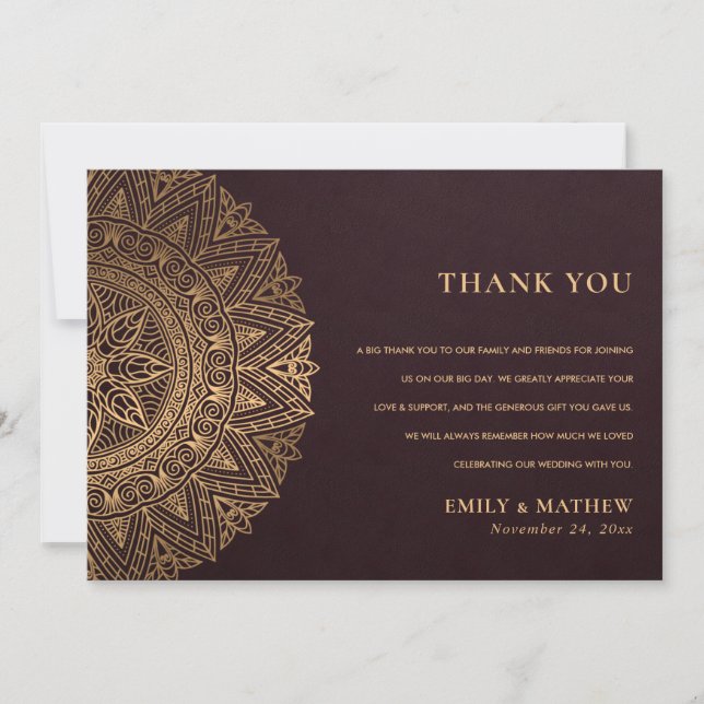 BURGUNDY GOLD CLASSIC ORNATE MANDALA WEDDING THANK YOU CARD (Front)