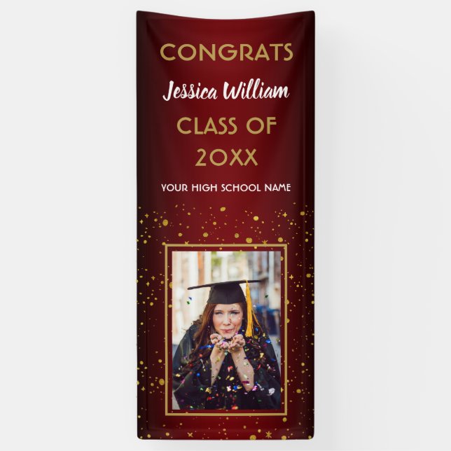 Burgundy Gold Confetti 2020 Photo Graduation Party Banner (Vertical)