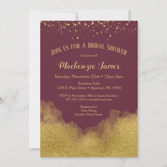 Burgundy Gold Confetti Bridal Shower Invitation (Front)
