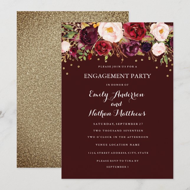 Burgundy Gold Confetti Floral Engagement Party Invitation (Front/Back)