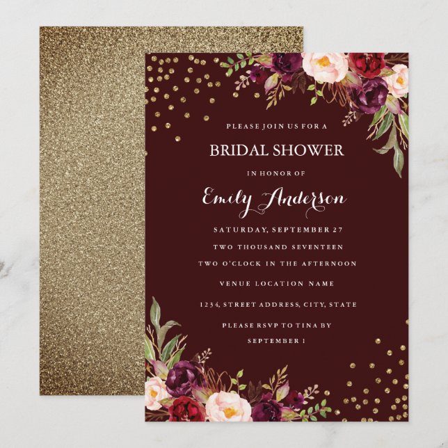 Burgundy Gold Confetti Floral Fall Bridal Shower Invitation (Front/Back)