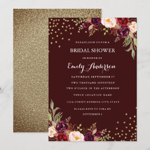 Burgundy Gold Confetti Floral Fall Bridal Shower Invitation