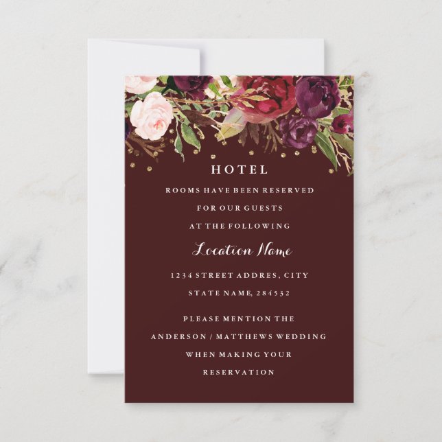 Burgundy Gold Confetti Floral Fall Wedding Hotel Invitation (Front)