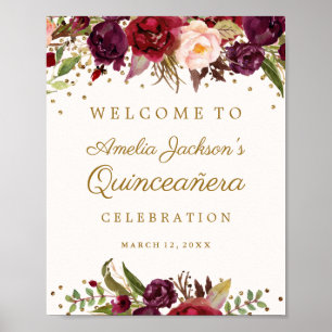 Burgundy Gold Confetti Floral Quinceanera Sign