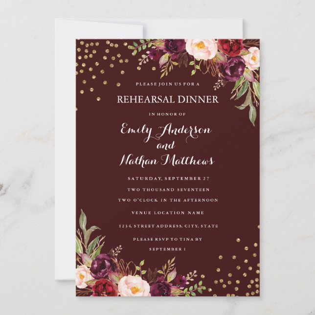 Burgundy Gold Confetti Floral Rehearsal Dinner Invitation (Front)