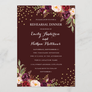 Burgundy Gold Confetti Floral Rehearsal Dinner Invitation