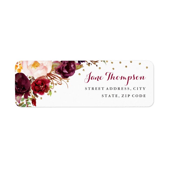Burgundy Gold Confetti Floral Return Address Label (Front)