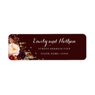 Burgundy Gold Confetti Floral Return Address Label