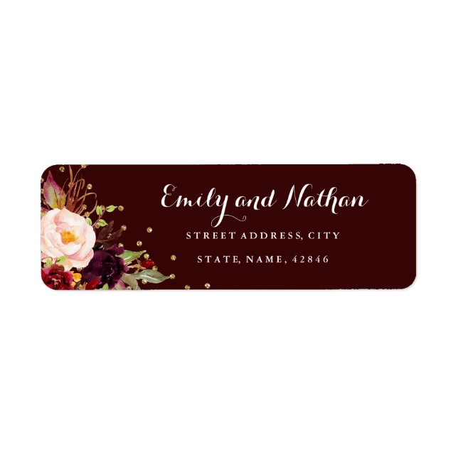 Burgundy Gold Confetti Floral Return Address Label (Front)