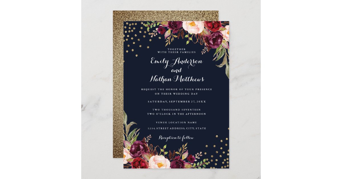 Burgundy Gold Confetti Floral Wedding Invitation Zazzle