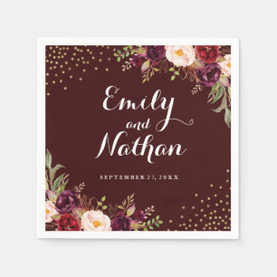 Burgundy Gold Confetti Floral Wedding Napkin