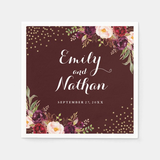 Burgundy Gold Confetti Floral Wedding Napkin (Front)