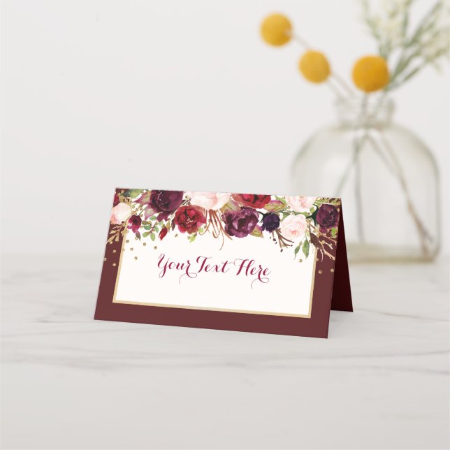 Burgundy Gold Confetti Floral Wedding Place Card (Front)