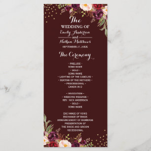 Burgundy Gold Confetti Floral Wedding Program Programme
