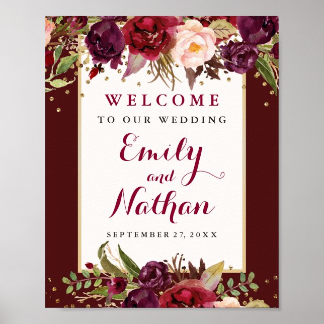 Burgundy Gold Confetti Floral Wedding Sign (Front)