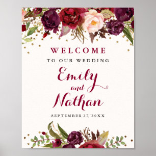 Burgundy Gold Confetti Floral Wedding Sign