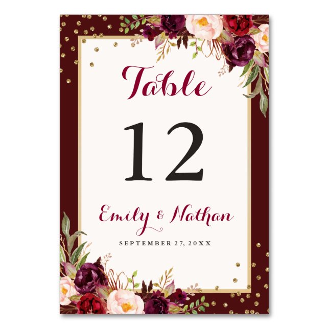 Burgundy Gold Confetti Floral Wedding Table Number (Front)