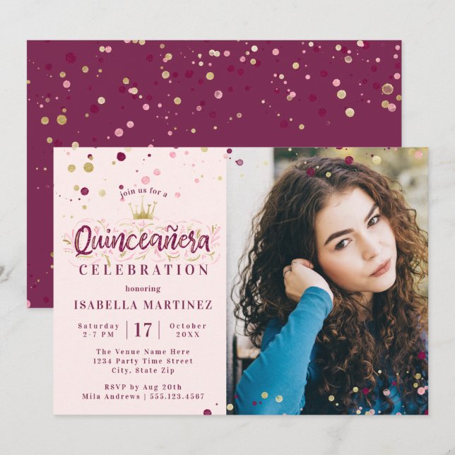 Burgundy & Gold Confetti Quinceañera with Picture Invitation (Front/Back)