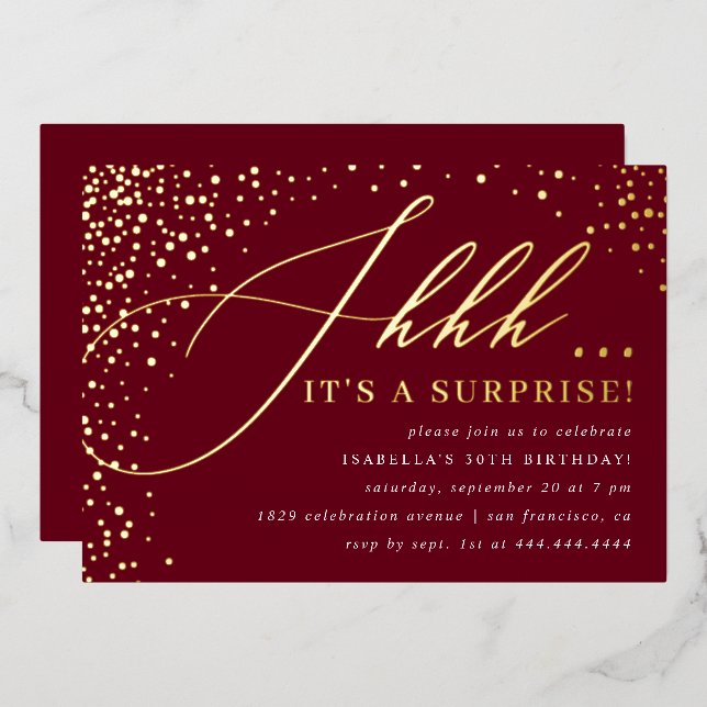 Burgundy & Gold Confetti Script Surprise Party (Front/Back)