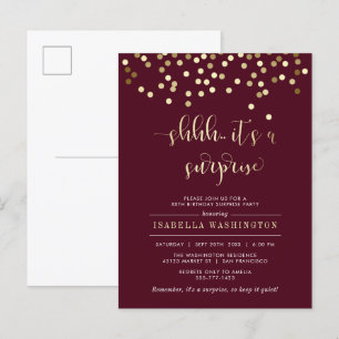 Burgundy & Gold Confetti Surprise Birthday Party Invitation Postcard