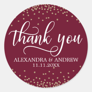 Burgundy Gold Confetti Wedding Thank You Classic Round Sticker